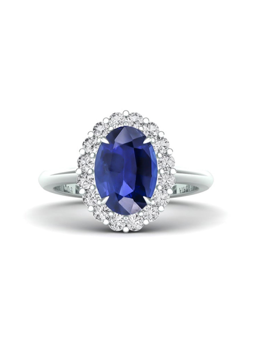 Royal Blue Sapphire & Diamond Halo Ring - Boutee