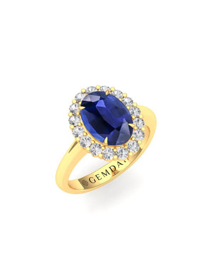 Royal Blue Sapphire & Diamond Halo Ring - Boutee