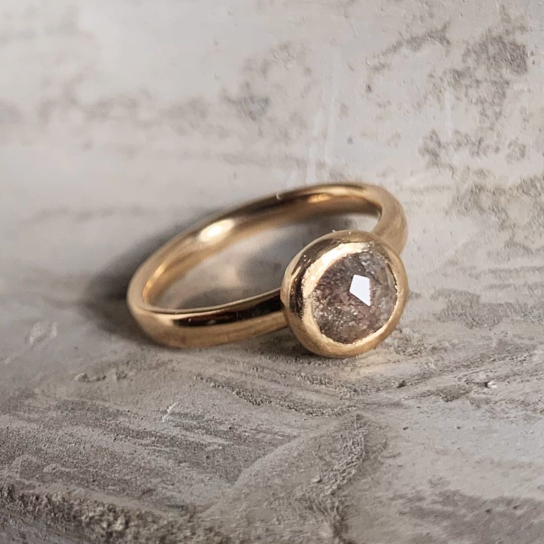 Oval Rose Cut Grey Salt& pepper diamond gold ring - Boutee