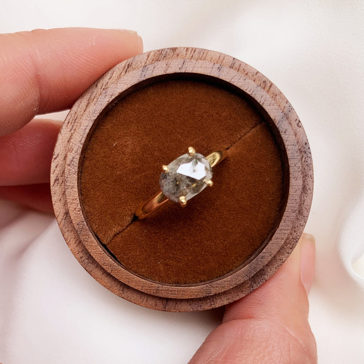 Commission: Oval Rose cut salt and pepper diamond set in 18ct recycled gold - Boutee