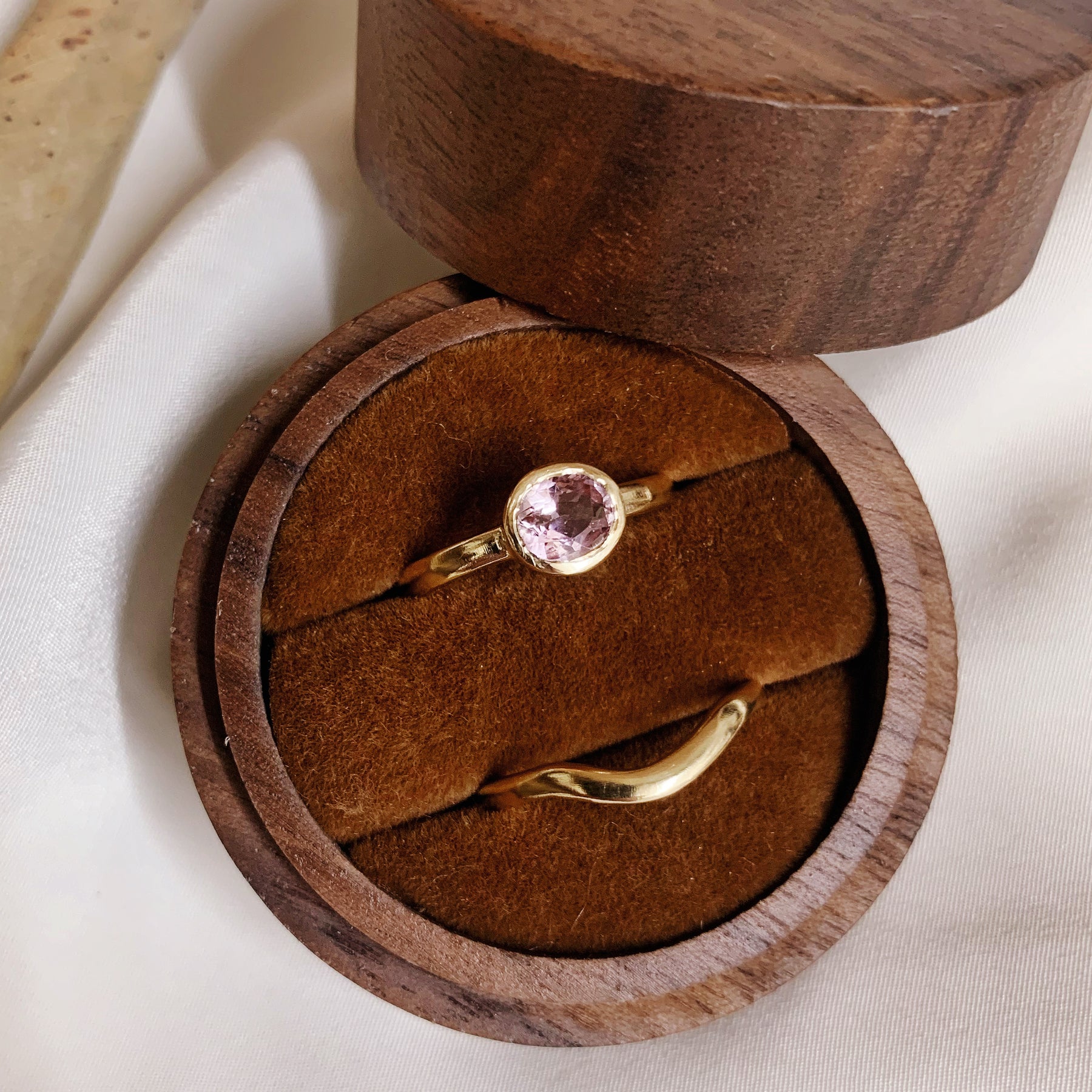 Commission: Pink Topaz and recycled gold engagement and wedding ring set. - Boutee