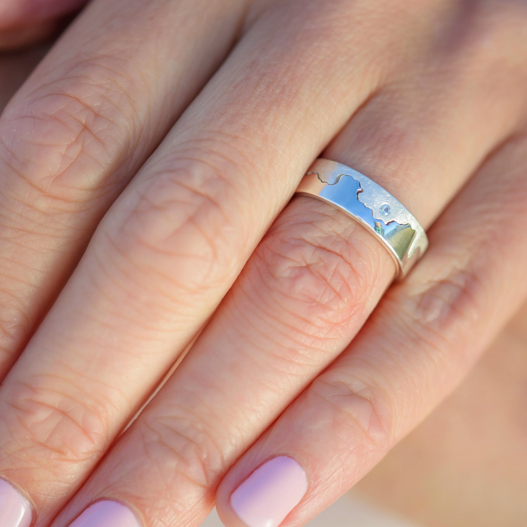 Silver Custom Coastline Ring With Diamond