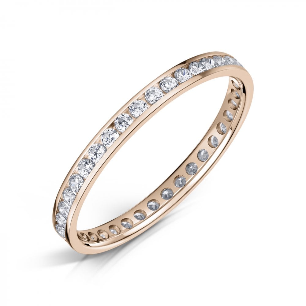 18ct Rose Gold 2.0mm Diamond Ring with Round Diamonds all around on a white background.
