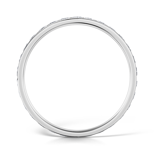 Side view of a 2.5mm Diamond Channel set ring with round diamonds all the way around on a white background.