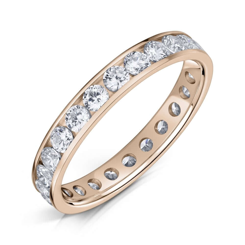 18ct Rose Gold 3.0mm Diamond Ring with Round Diamonds all around on a white background.