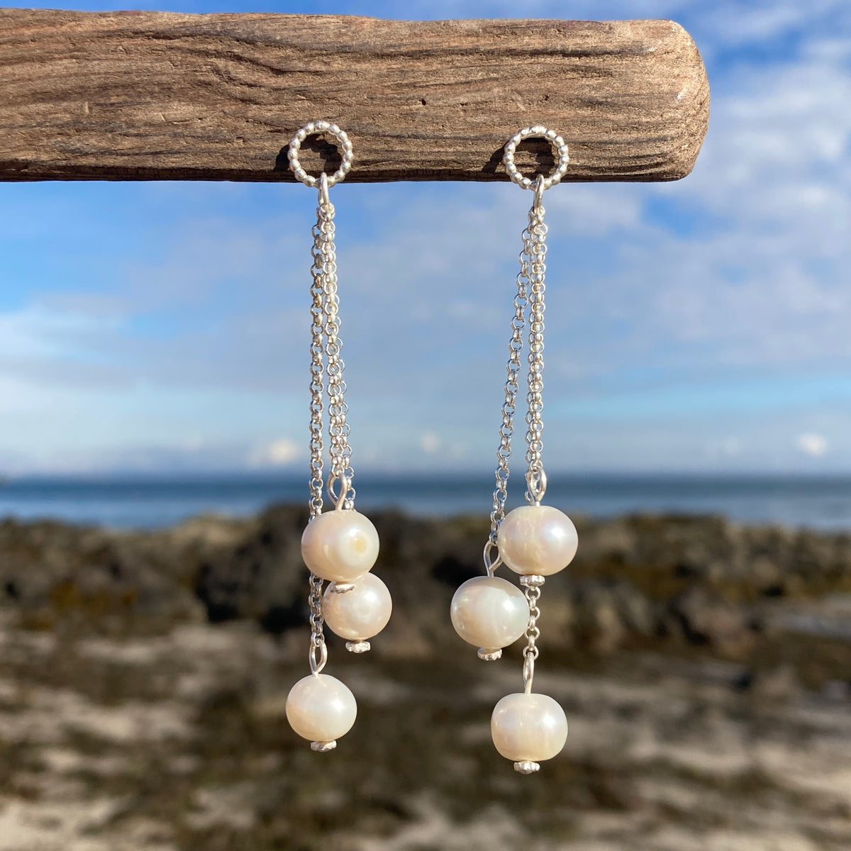 Three Freshwater Pearl Drop Earrings Sterling Silver