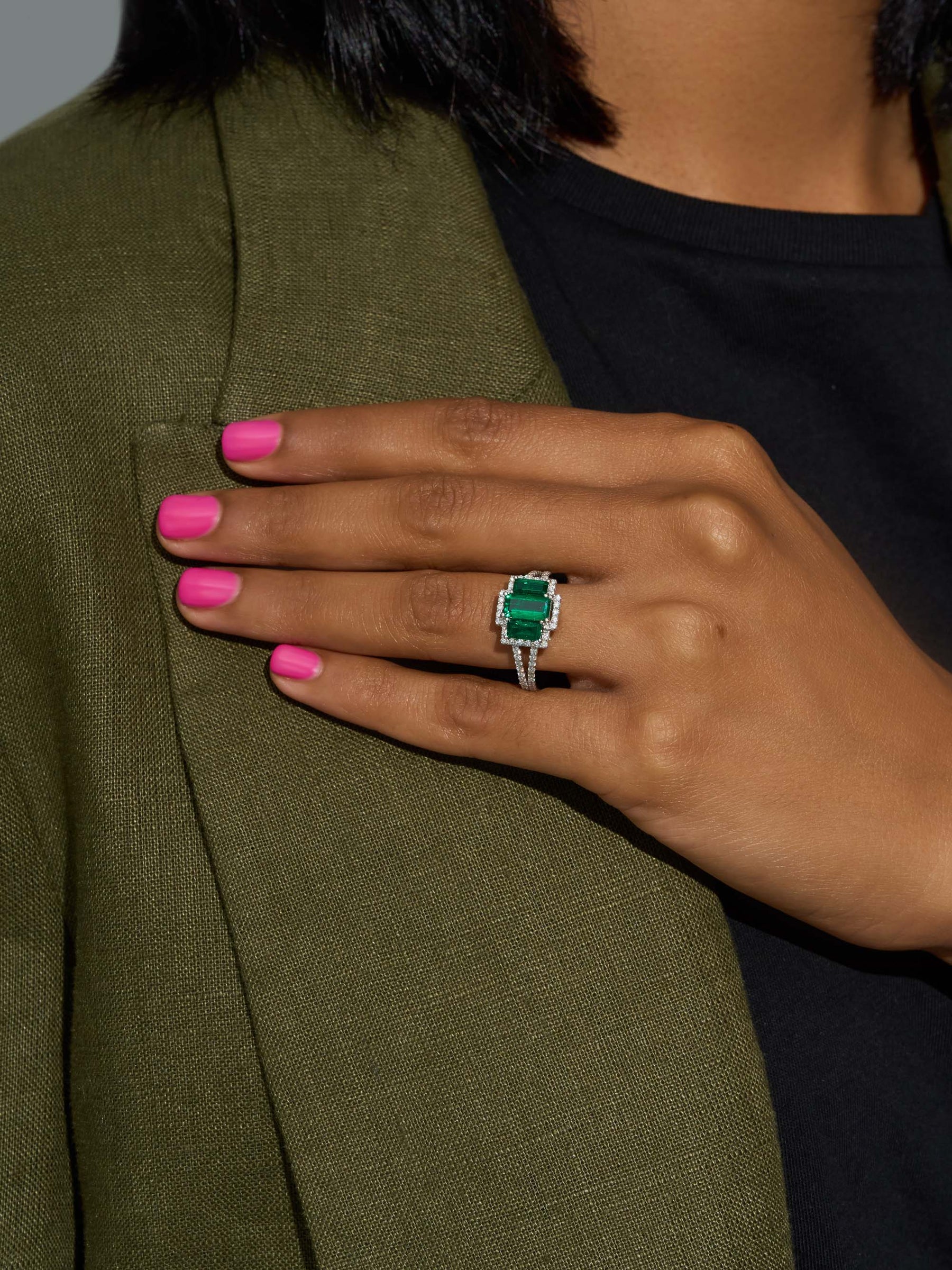 3 Stone Natural Emerald & Diamond Ring - Boutee