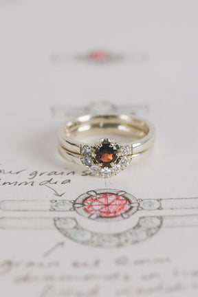 Garnet and Lab Diamond Trilogy Engagement Ring, and Fitted Horseshoe Wedding Ring - Boutee