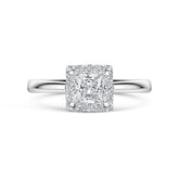 Princess Cut Diamond Halo Cluster Engagement Ring on white background.