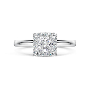 Princess Cut Diamond Halo Cluster Engagement Ring on white background.