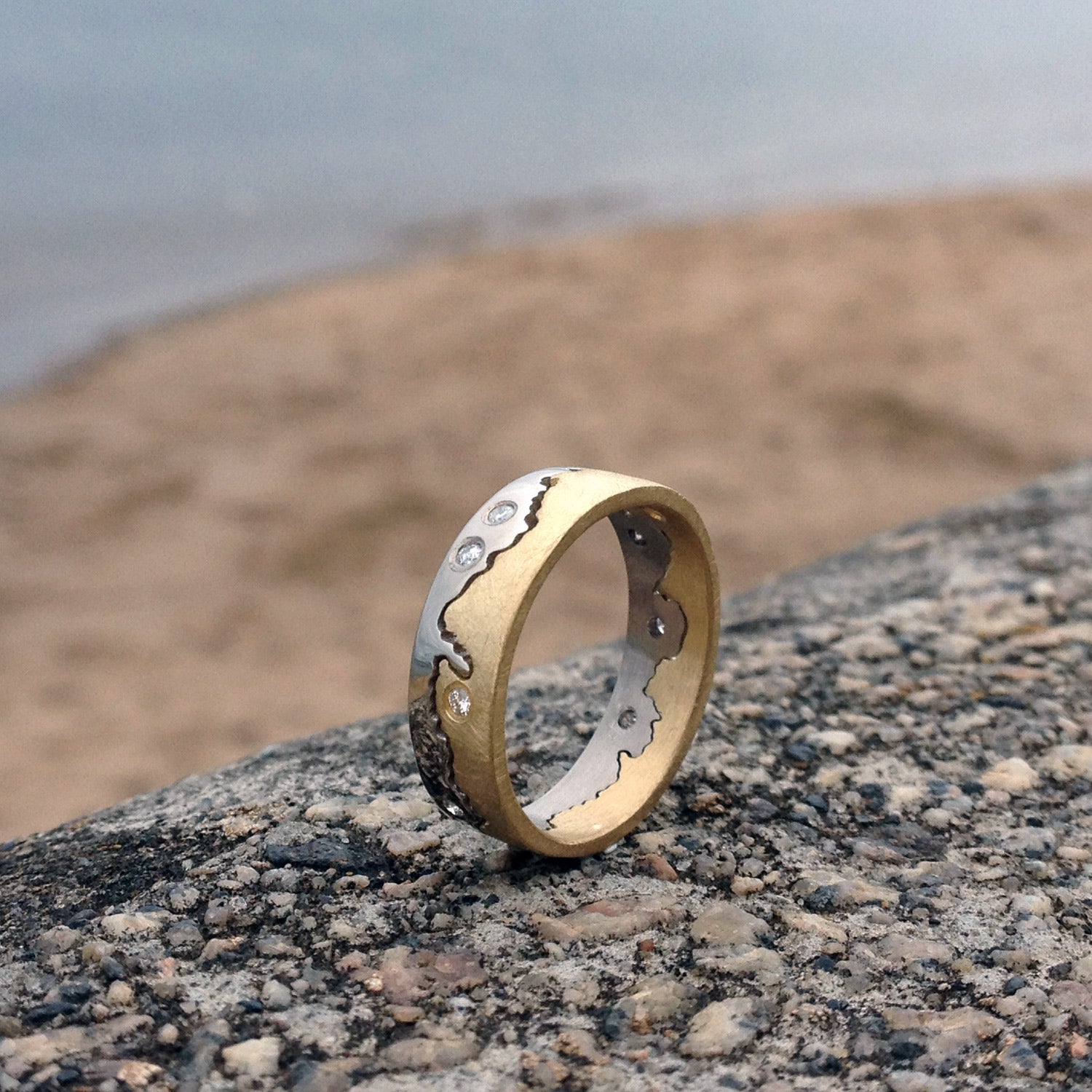 Coastline Two Colour Gold Ring, Diamond Studded