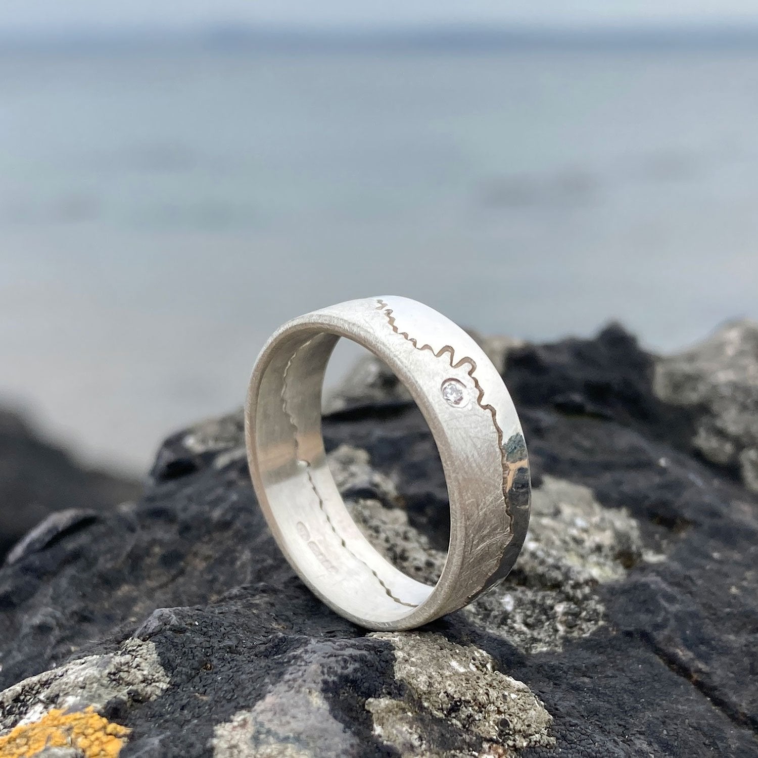 Silver Custom Coastline Ring With Diamond