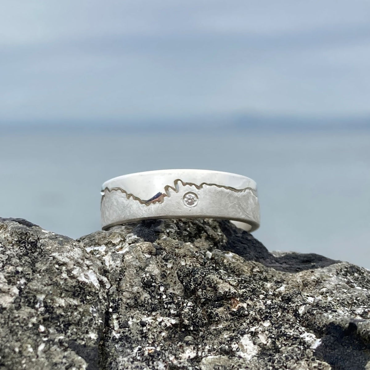 Silver Custom Coastline Ring With Diamond