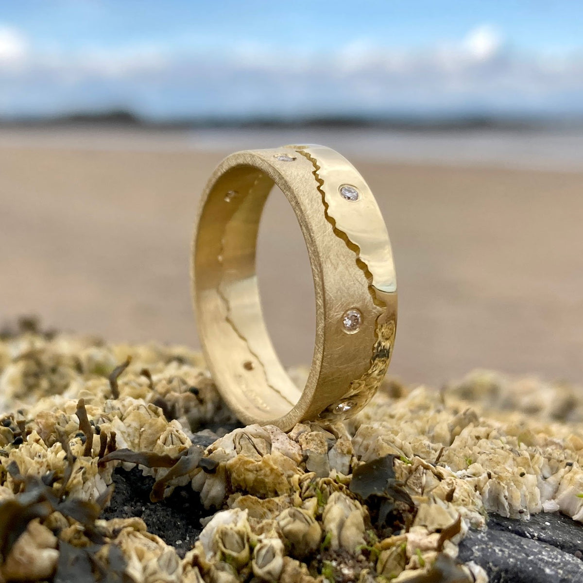 Custom Coastline 18ct Gold Diamond Studded Ring