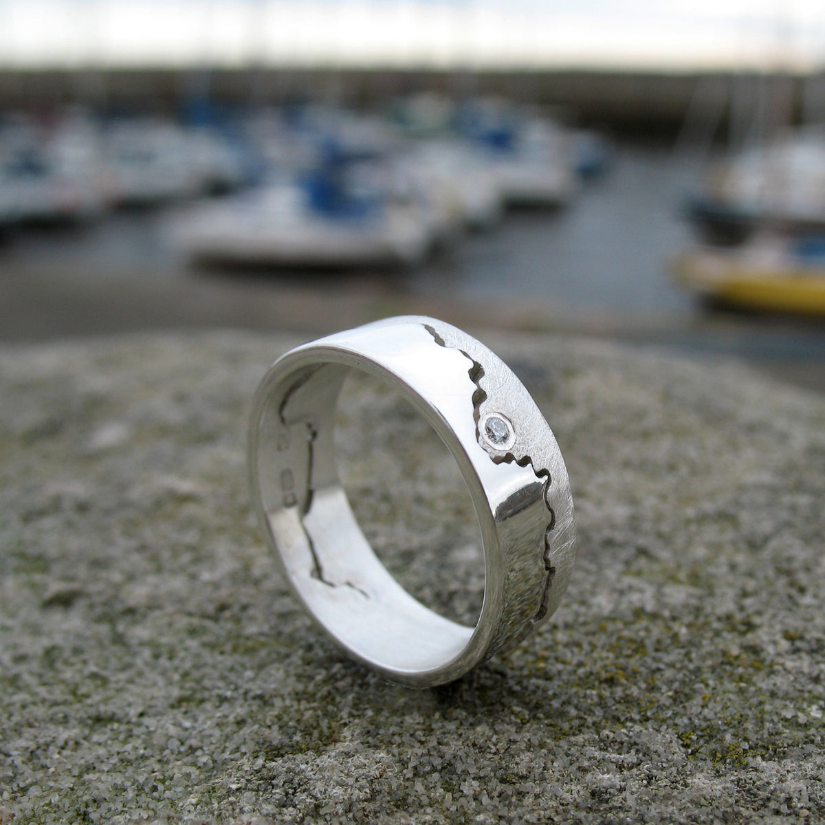 Silver Custom Coastline Ring With Diamond