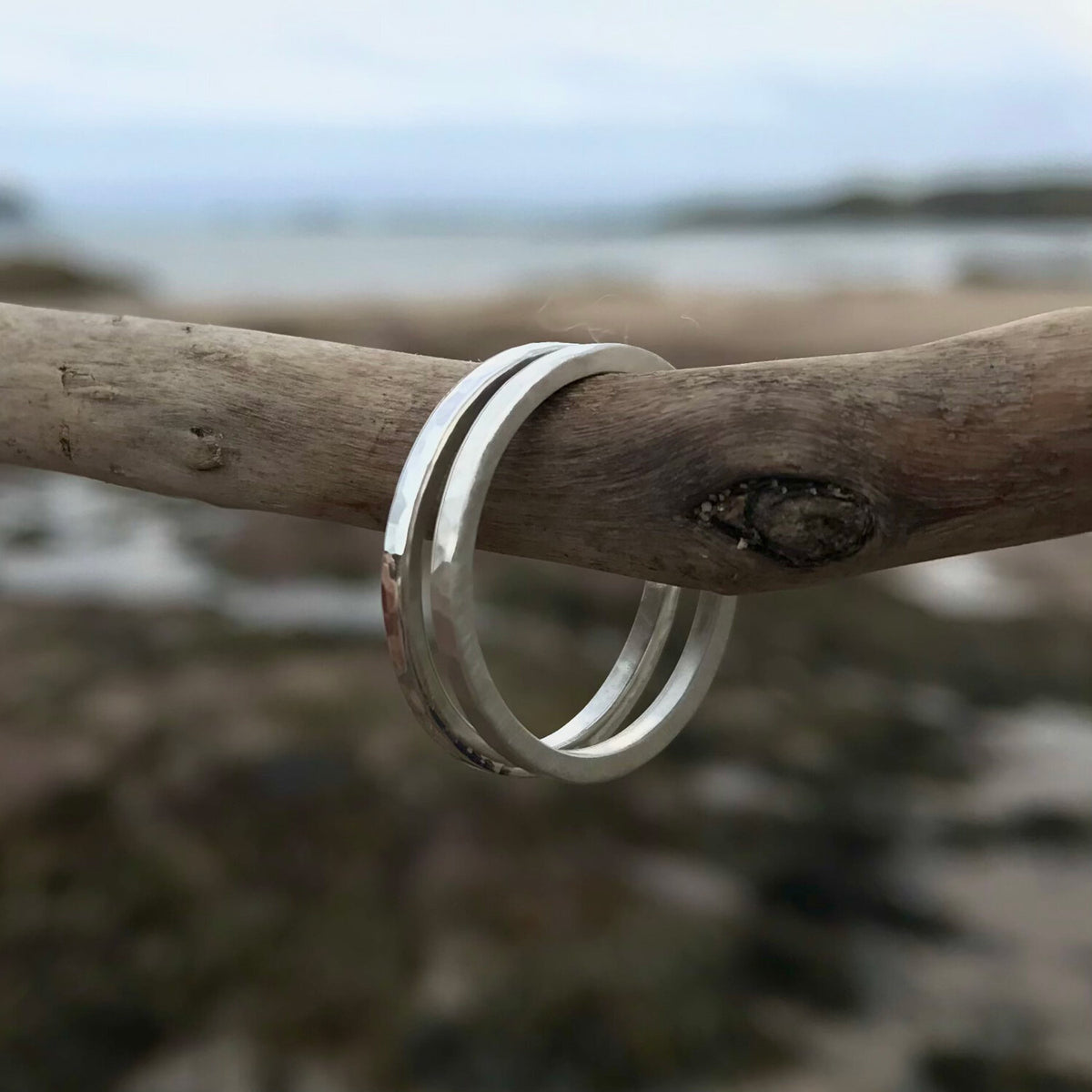 Slim Hammered Silver Band