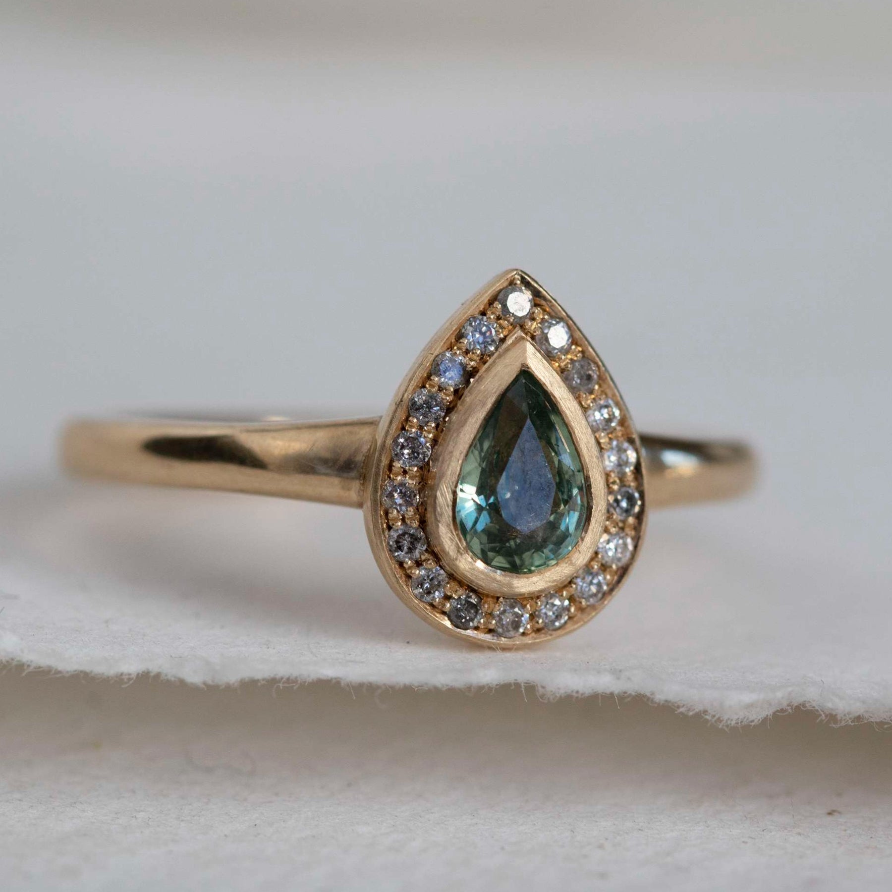 Green Sapphire Pear Diamond Halo Ring - Boutee