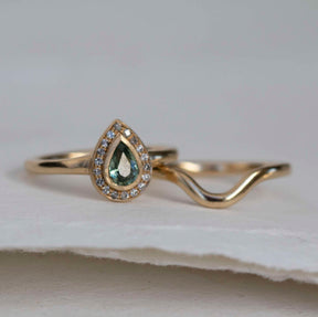 Green Sapphire Pear Diamond Halo Ring - Boutee