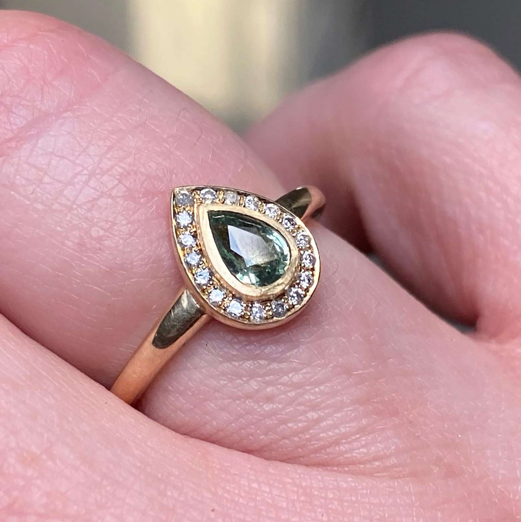 Green Sapphire Pear Diamond Halo Ring - Boutee