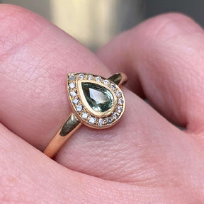 Green Sapphire Pear Diamond Halo Ring - Boutee