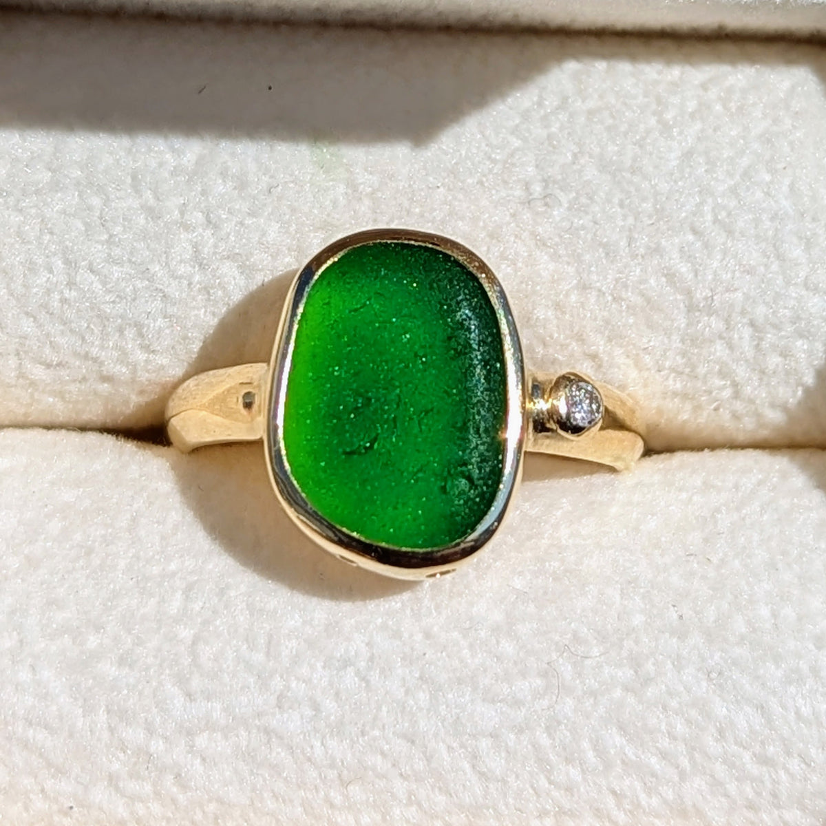 Green Sea Glass and Diamond Ring