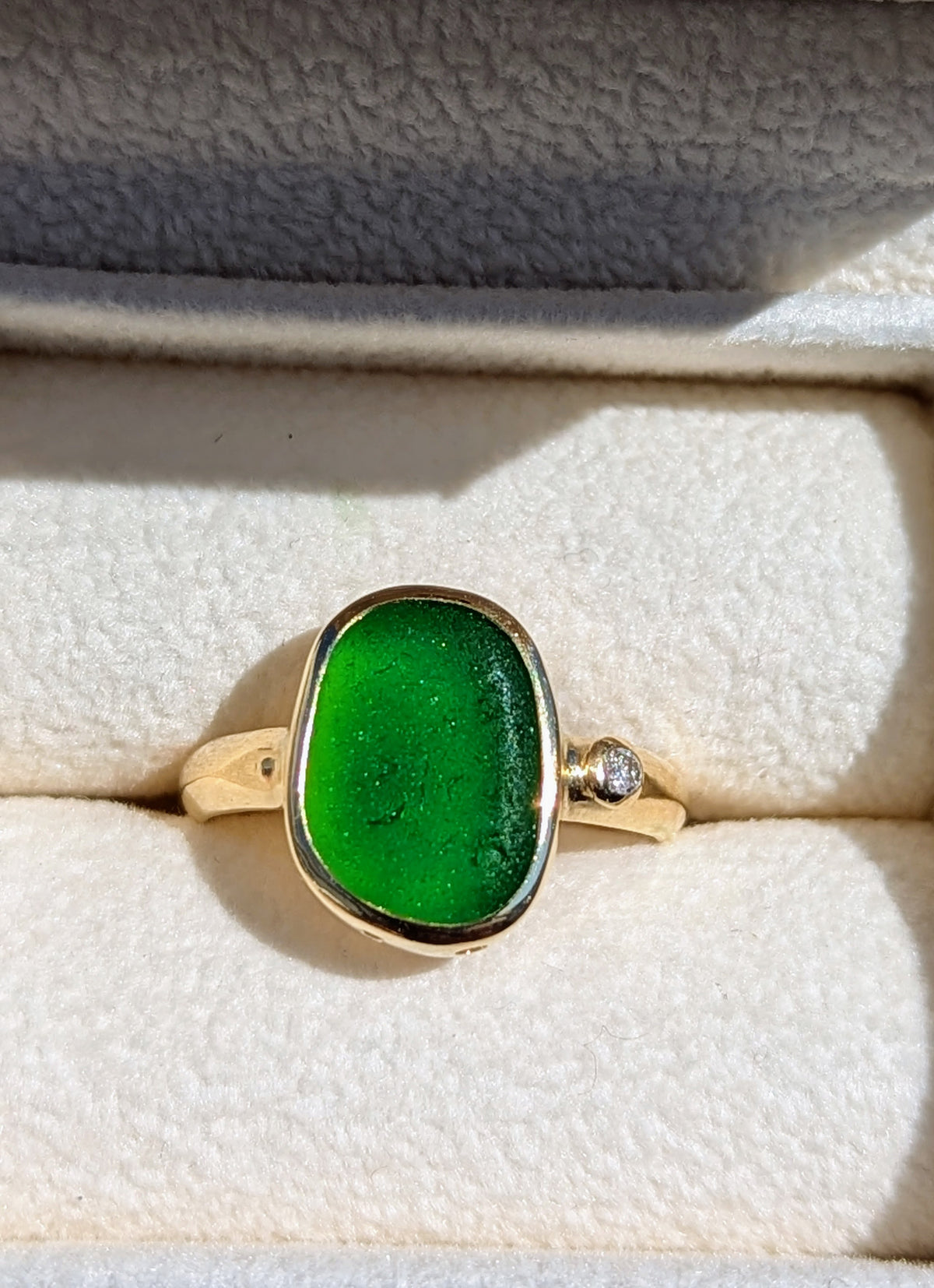 Green Sea Glass and Diamond Ring