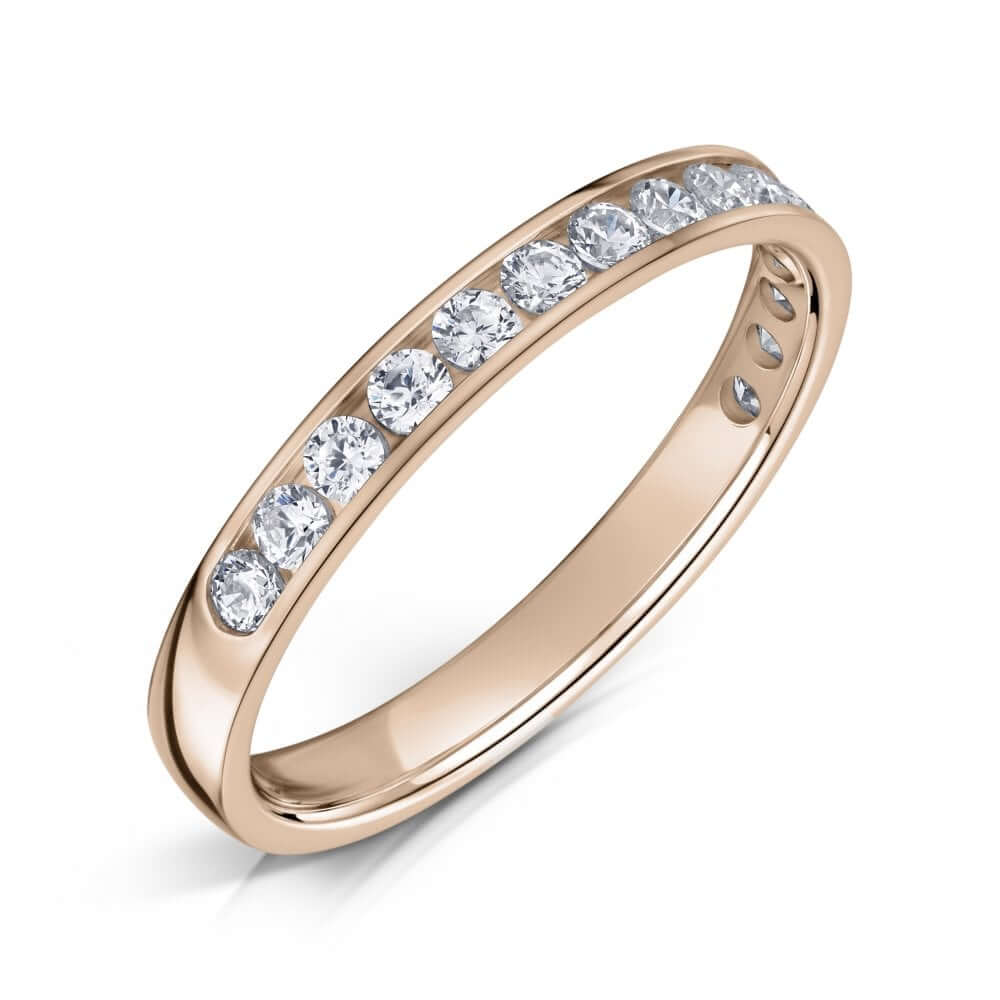 18ct Rose Gold 2.5mm Diamond Ring with Round Diamonds half the way around on a white background.