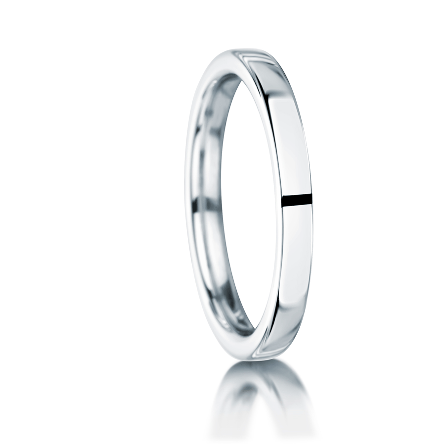 Ladies 2mm wedding ring on a white background.