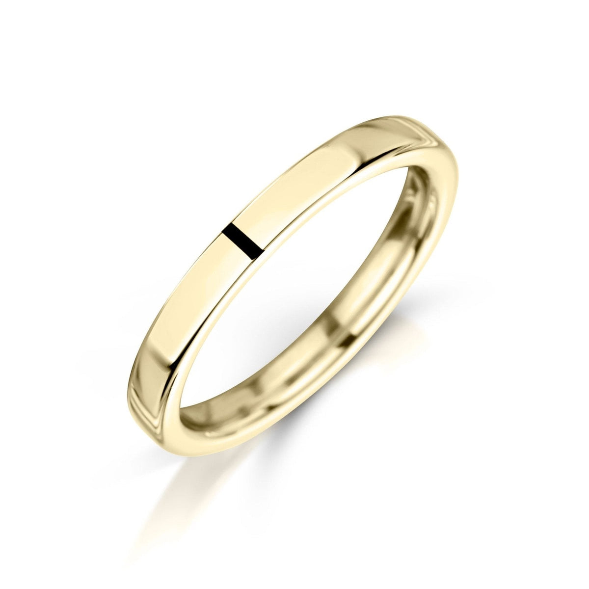 Angled view of a 2.5mm Wide plain ladies gold wedding ring on a white background.