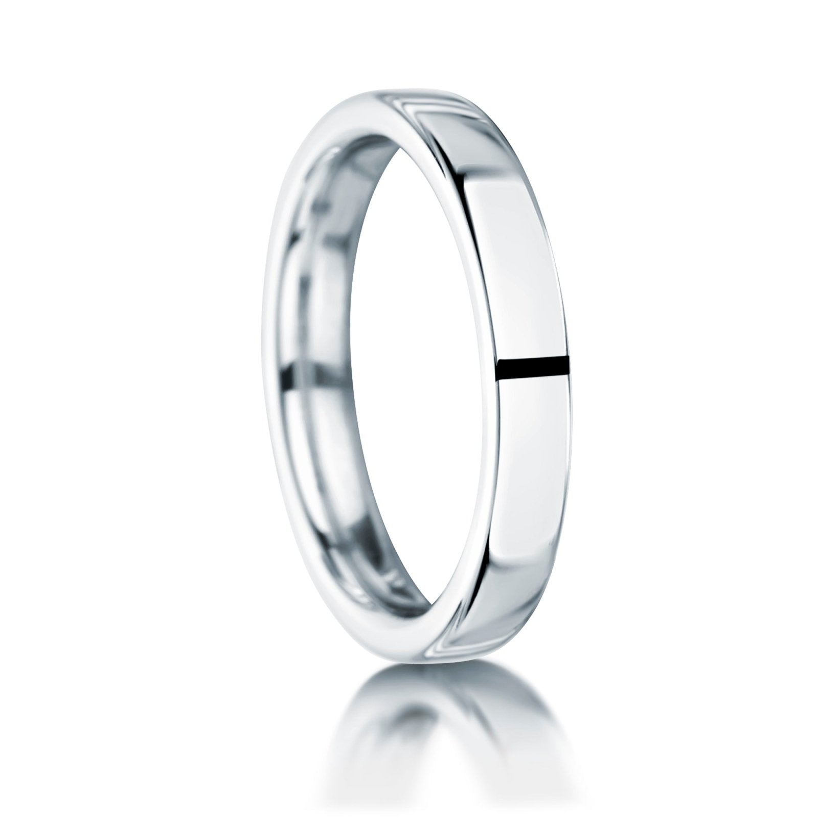 18ct White gold plain 3.0mm wide wedding ring on a white background.