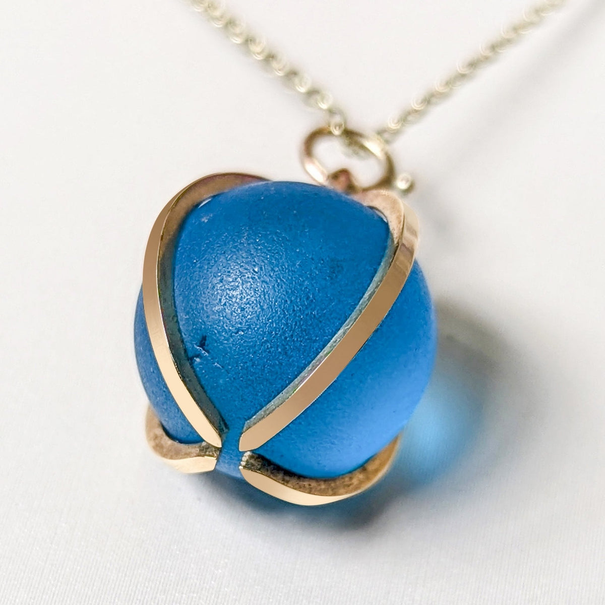 Blue Sea Glass Marble Gold Necklace - Allure Sea Glass CollectionBooblinka Jewellery