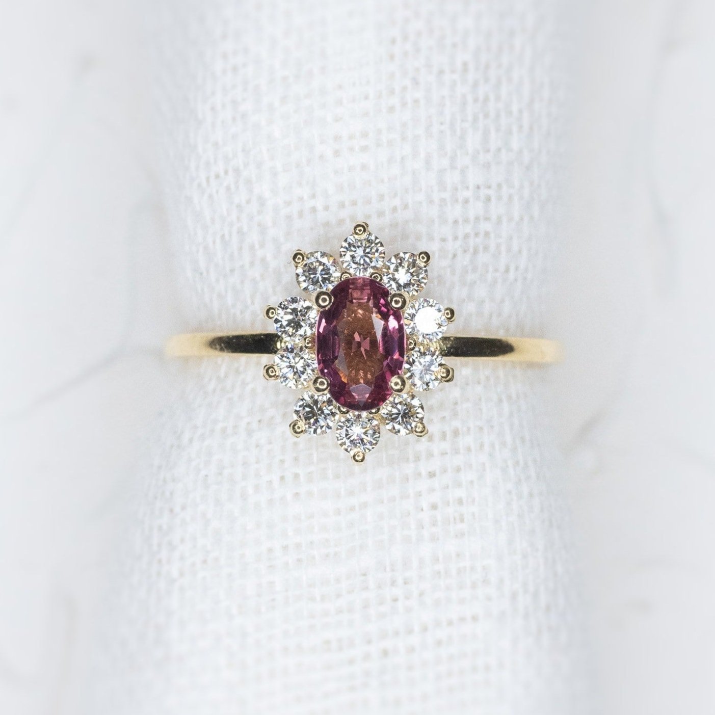 Custom 0.52ct Pink Orange Sapphire Halo Ring - Lelya - bespoke engagement and wedding rings made in Scotland, UK