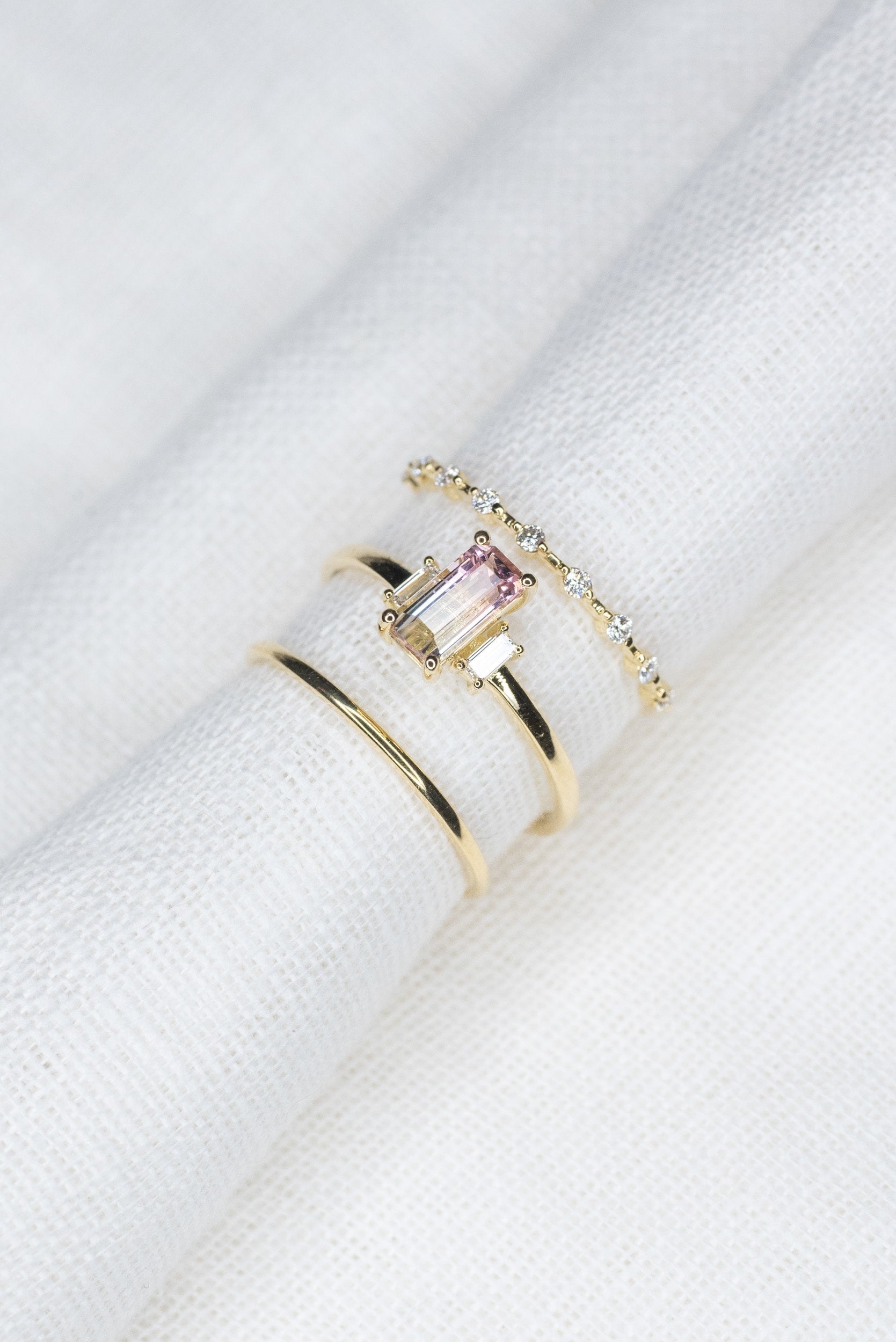 Custom 0.74ct White and Pink Tourmaline Maia Triad - Lelya - bespoke engagement and wedding rings made in Scotland, UK