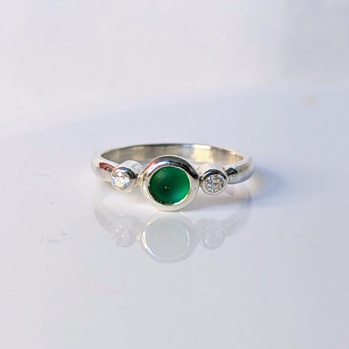 Emerald Green Sea Glass and Moissanite Silver Ring – Allure CollectionRingsBooblinka Jewellery