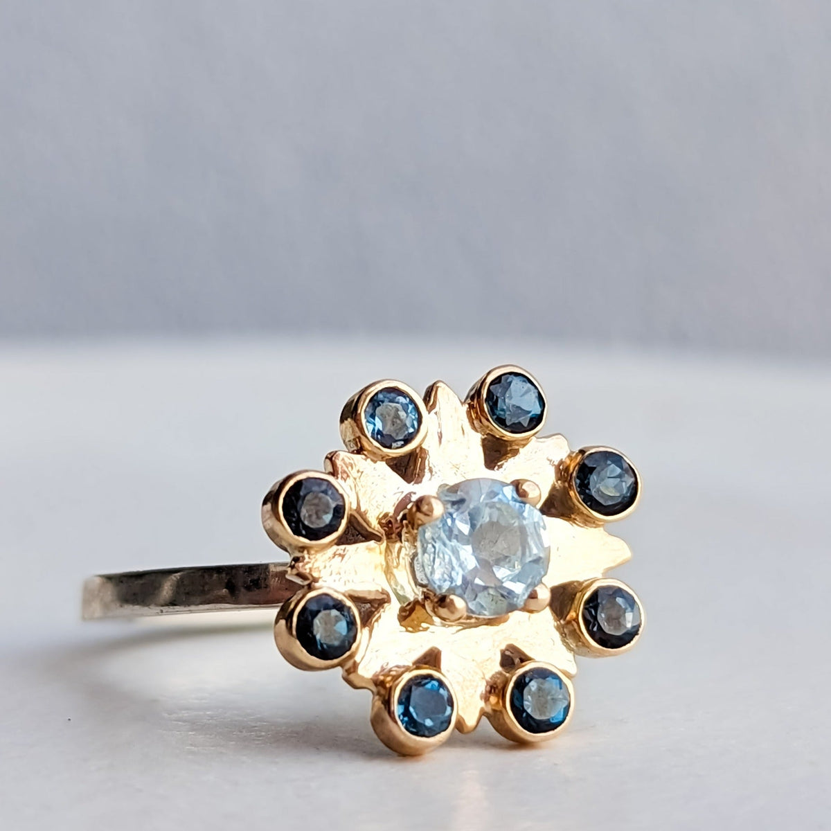 Flower Gold and Silver Cluster Ring with Sky Blue & London Blue TopazRingsBooblinka Jewellery