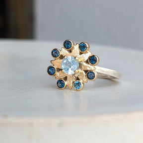 Flower Gold and Silver Cluster Ring with Sky Blue & London Blue TopazRingsBooblinka Jewellery