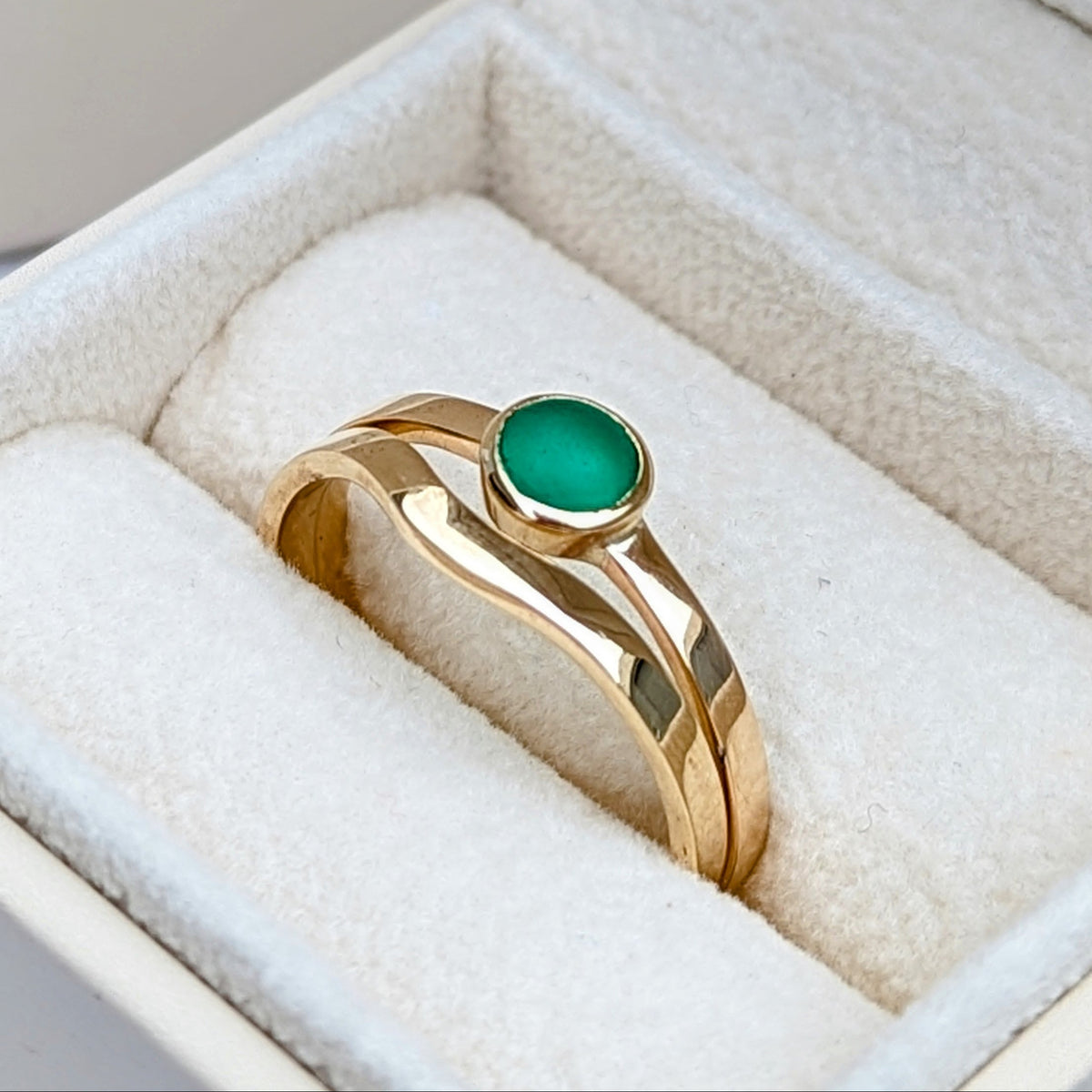 Emerald Green Sea Glass Engagement and Wedding Ring Set