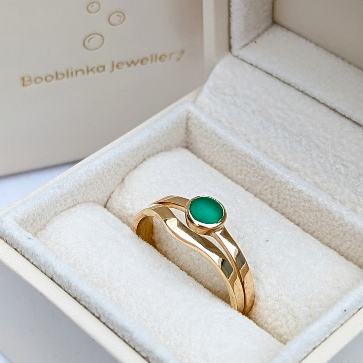 Emerald Green Sea Glass Engagement and Wedding Ring Set