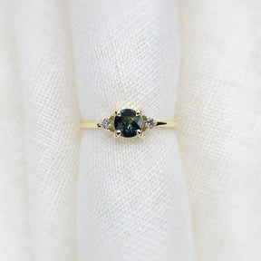 Round Cut 0.77ct Teal Sapphire Halley Triad - Lelya - bespoke engagement and wedding rings made in Scotland, UK