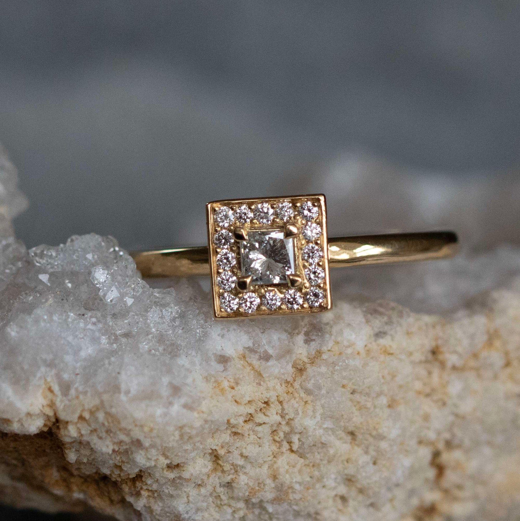 Salt and Pepper Princess Cut Halo Ring - Boutee